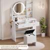 imageYITAHOME Vanity Desk with Mirror ampamp Power Outlet Makeup Table with 2 Drawers 5 Open Shelves ampamp Hair Dryer Storage Stool 3 Models LED Light Vanity Set for Bedroom WhiteWhite