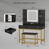 imageYITAHOME Vanity Desk with Mirror and Lights ampamp Hidden Jewelry Storage Shelves Makeup Vanity Table with Stool and Plug Outlet 3 Drawers and 6 Open Shelves Dressing Table for Bedroom White and GoldBlack