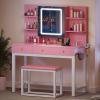 imageYITAHOME Vanity Desk with Mirror and Lights ampamp Hidden Jewelry Storage Shelves Makeup Vanity Table with Stool and Plug Outlet 3 Drawers and 6 Open Shelves Dressing Table for Bedroom White and GoldPink