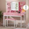imageYITAHOME Vanity Desk with Mirror and Lights ampamp Hidden Jewelry Storage Shelves Makeup Vanity Table with Stool and Plug Outlet 3 Drawers and 6 Open Shelves Dressing Table for Bedroom White and GoldPink