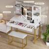 imageYITAHOME Vanity Desk with Mirror and Lights ampamp Hidden Jewelry Storage Shelves Makeup Vanity Table with Stool and Plug Outlet 3 Drawers and 6 Open Shelves Dressing Table for Bedroom White and GoldWhite