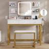 imageYITAHOME Vanity Desk with Mirror and Lights ampamp Hidden Jewelry Storage Shelves Makeup Vanity Table with Stool and Plug Outlet 3 Drawers and 6 Open Shelves Dressing Table for Bedroom White and GoldBeige White