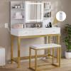imageYITAHOME Vanity Desk with Mirror and Lights ampamp Hidden Jewelry Storage Shelves Makeup Vanity Table with Stool and Plug Outlet 3 Drawers and 6 Open Shelves Dressing Table for Bedroom White and GoldBeige White