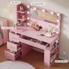 imageYITAHOME Vanity with Mirror and Lights Makeup Vanity Table with Charging Station Cute Vanity Set with Comfortable Bench Big Makeup Desk with 3 Storage Shelves 395inch Pink