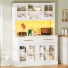 imageYITAHOME 71quot Farmhouse Kitchen Pantry Storage Cabinet with Power Outlet Freestanding Glass Door Display Pantry Hutch with Microwave Stand ampamp Adjustable Shelves ampamp Large Countertop for Home Lvory GreyWhite