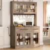 imageYITAHOME 71quot Farmhouse Kitchen Pantry Storage Cabinet with Power Outlet Freestanding Glass Door Display Pantry Hutch with Microwave Stand ampamp Adjustable Shelves ampamp Large Countertop for Home Lvory GreyRustic Lvory Grey
