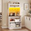 imageYITAHOME Bakers Rack with Power Outlet and Storage Farmhouse Microwave Stand with LED Lights Heavy Duty 5Tier Coffee Bar Cabinet Station with 7 Hooks for Kitchen Dining Room Living Room WhiteWhite
