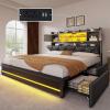imageYITAHOME King Size Bed Frame with RGB LED Lights ampamp Storage Bookcase Headboard Upholstered Bed with Charging Station and 4 Drawers No Box Spring Needed Easy Assembly NoiseFree PU Leather WhitePu Leather Black