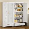 imageYITAHOME Kitchen Pantry Cabinet with Lights 61quot Metal Storage Cabinets with Adjustable Shelves Organizer Cabinet with Barn Doors Freestanding Cupboard with Drawer for Dining Living Room Navy BlueWhite