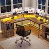imageYITAHOME L Shaped Desk with Power Outlets ampamp LED Lights 67quot Computer Desk with File Drawer Corner Desk Home Office Desk with Monitor Stand ampamp 3 Cubbies Storage Shelves Brown