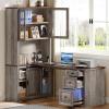 imageYITAHOME L Shaped Executive Desk with Hutch and Drawers Farmhouse Home Office Desk with Power Outlet Wood Corner Computer Desk with Sliding Door Storage Cabinet with Glass Door Grey ampamp WalnutGrey  Walnut
