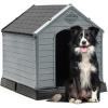 imageYITAHOME Large Plastic Dog House Outdoor Indoor Doghouse Puppy Shelter Water Resistant Easy Assembly Sturdy Dog Kennel with Air Vents and Elevated FloorBlackGray