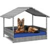 imageYITAHOME Large Wicker Dog House with Cushion Outdoor Indoor Rattan Doghouse Elevated Raised Dog Bed with Canopy Water Resistant Dog Cot for Small Medium and Large Dogs Gray ampamp Blue