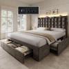imageYITAHOME Queen Size Bed Frame with 3 Storage Drawers and RGB LED Lights Velvet Upholstered Bed with Charging Station and Storage Headboard No Box Spring Needed Easy Assembly NoiseFree GreyGrey