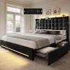 imageYITAHOME Queen Size Bed Frame with 4 Drawers and RGB LED Lights Velvet Upholstered Platform Bed with Charging Station and Storage Headboard No Box Spring Needed Easy Assembly NoiseFree BlackBlack