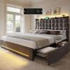 imageYITAHOME Queen Size Bed Frame with 4 Drawers and RGB LED Lights Velvet Upholstered Platform Bed with Charging Station and Storage Headboard No Box Spring Needed Easy Assembly NoiseFree BlackGrey