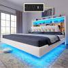 imageYITAHOME Queen Size Floating Bed Frame with RGB LED Lights Bookcase Storage Headboard Beds with Charging Station Upholstered Platform with Heavy Duty Wood Slat No Box Spring Needed BeigeBeige