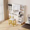 imageYITAHOME Vanity Desk with Mirror ampamp Power Outlet Luxury Vanity Table Set with Hidden Jewelry Storage Big Makeup Desk with 5 Drawers Dressing Table with Cushion Stool 3 Lighting Color Modes White