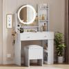 imageYITAHOME Vanity Desk with Mirror ampamp Power Outlet Makeup Table with 2 Drawers 5 Open Shelves ampamp Hair Dryer Storage Stool 3 Models LED Light Vanity Set for Bedroom WhiteWhite