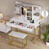 imageYITAHOME Vanity Desk with Mirror and Lights ampamp Hidden Jewelry Storage Shelves Makeup Vanity Table with Stool and Plug Outlet 3 Drawers and 6 Open Shelves Dressing Table for Bedroom White and GoldBeige White