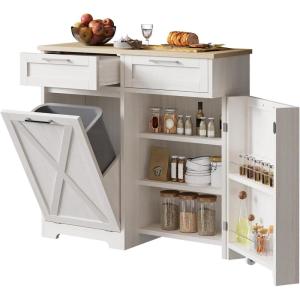 imageYITAHOME 10 Gallon Tilt Out Trash Can Cabinet Freestanding Kitchen Trash Recycling Cabinet with 2 Drawer ampamp Adjustable Shelves Trash Bin Cabinets for Kitchen Dining Room Off White