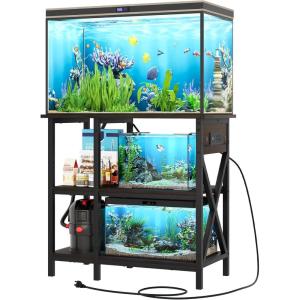 imageYITAHOME 102937 Gallon Fish Tank Stand with Power Outlet 30x16 Inch Metal Aquarium Stand with 3Tier Adjustable Storage Shelves and Hooks 450LBS CapacityBlackBlack