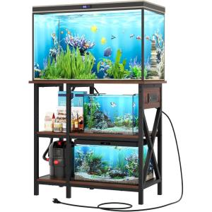imageYITAHOME 102937 Gallon Fish Tank Stand with Power Outlet 30x16 Inch Metal Aquarium Stand with 3Tier Adjustable Storage Shelves and Hooks 450LBS CapacityBlackRustic Brown