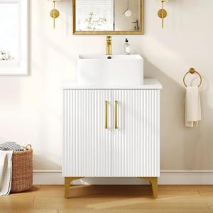 imageYITAHOME 24 Inch Bathroom Vanity with Vacuum Forming Freestanding Storage Cabinet Vanity with Engineered White Stone Countertop 2 Large Soft Closing Doors with Shelf Gold Handles ampamp Legs BlackWhite