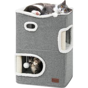 imageYITAHOME 2Tier Cat House Cat Beds for Indoor Cats Small Cat Condo with Scratch Post and Hideaway Cave Modern Cat Cube Playhouse for Multi Kittens BrownGrey