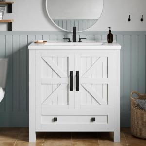 imageYITAHOME 30quot Farmhouse Bathroom Vanity with Sink Combo Small Space Bathroom Storage Cabinet with Large Drawer 2 SoftClosing Wood Barn Doors with Builtin Shelves WhiteWhite