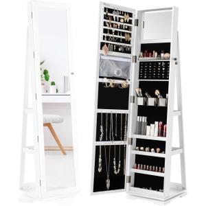 imageYITAHOME 360 Rotating Jewelry Cabinet Armoire 3in1 Jewelry Organizer Free Standing with Higher Full Length MirrorInside Makeup MirrorRear Storage Shelves White