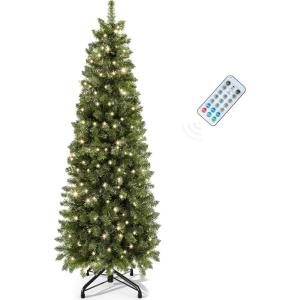 imageYITAHOME 45ft Potted Prelit Flocked Pencil Christmas Tree PreDecorated Slim Arctic Fir with 358 PE ampamp PVC Mixed Branch Tips and 100 Lights 11 PreDecorated Red Berries for Home Office DecorationGreen