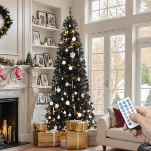 imageYITAHOME 45ft Potted Prelit Flocked Pencil Christmas Tree PreDecorated Slim Arctic Fir with 358 PE ampamp PVC Mixed Branch Tips and 100 Lights 11 PreDecorated Red Berries for Home Office DecorationBlack