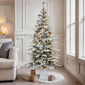 imageYITAHOME 45ft Potted Prelit Flocked Pencil Christmas Tree PreDecorated Slim Arctic Fir with 358 PE ampamp PVC Mixed Branch Tips and 100 Lights 11 PreDecorated Red Berries for Home Office DecorationFlocked White