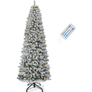 imageYITAHOME 45ft Potted Prelit Flocked Pencil Christmas Tree PreDecorated Slim Arctic Fir with 358 PE ampamp PVC Mixed Branch Tips and 100 Lights 11 PreDecorated Red Berries for Home Office DecorationWhite
