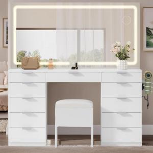 imageYITAHOME 46 Vanity Desk with Large LED Lighted Mirror ampamp Charging Ports 11Drawer Makeup Table Set with Storage Stool for Dressing Room 3 Lighting Modes Brightness Adjustable Black FinishIvory White