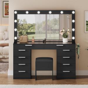 imageYITAHOME 46quot Glass Top Vanity Desk with Mirror with Lights Large Makeup Vanity Set with 10 Drawers ampamp Storage Stool Power Outlet Dressing Table with 3 Adjustable Light Modes Dressing Room BlackJet Black