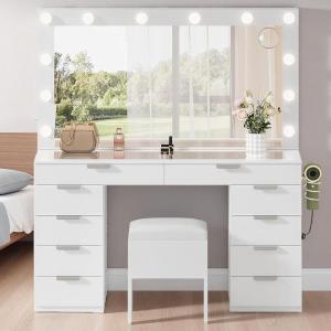 imageYITAHOME 46quot Glass Top Vanity Desk with Mirror with Lights Large Makeup Vanity Set with 10 Drawers ampamp Storage Stool Power Outlet Dressing Table with 3 Adjustable Light Modes Dressing Room BlackIvory White