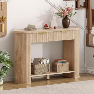 imageYITAHOME 472quot Farmhouse Console Table for Entryway Entry Hallway Foyer Table with 2 Drawers and Storage Shelf Large Sofa Behind Couch Fluted Oval Desk for Hallway Living Room Oak Color472