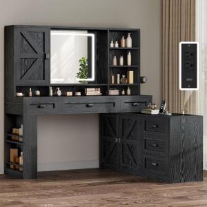 imageYITAHOME 48 Farmhouse Makeup Vanity Desk with Mirror and Lights 68 360 Rotation Big Modern Lighted Vanity Table with 6 Drawers ampamp Lots Shelves Rustic Large Dressing Table Antique BrownAntique Black