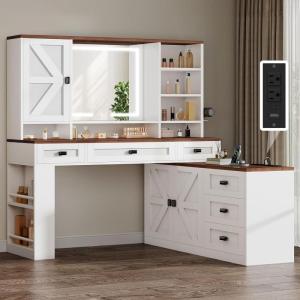 imageYITAHOME 48 Farmhouse Makeup Vanity Desk with Mirror and Lights 68 360 Rotation Big Modern Lighted Vanity Table with 6 Drawers ampamp Lots Shelves Rustic Large Dressing Table Antique BrownAntique White