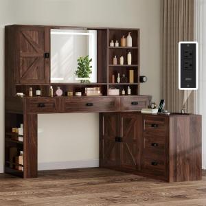 imageYITAHOME 48 Farmhouse Makeup Vanity Desk with Mirror and Lights 68 360 Rotation Big Modern Lighted Vanity Table with 6 Drawers ampamp Lots Shelves Rustic Large Dressing Table Antique BrownAntique Brown