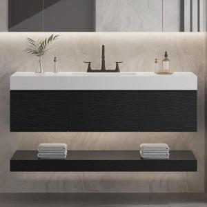 imageYITAHOME 48 Inch Floating Vanity with 3 Drawers Wall Mounted Bathroom Vanity with White Quartz Countertop ampamp Oak Veneer Big Space Storage for Modern Bathroom BlackBlack