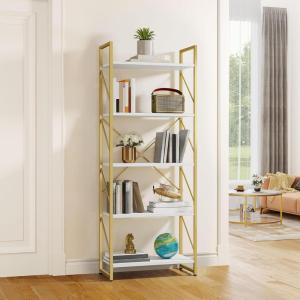 imageYITAHOME 5 Tiers Bookshelf Classically Modern White Bookshelf Book Rack Storage Rack Shelves in Living RoomHomeOffice Books Holder Organizer for BooksMovies WhiteGold