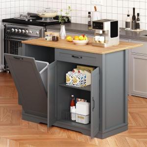 imageYITAHOME 50 Inch Rolling Kitchen Island with Trash Can Storage Cabinet ampamp Drop Leaf Portable Mobile Islands Table Long Floating Movable w Wheels Drawer Cabinet for 13 Gallon Garbage Bin BlackRetro Gray