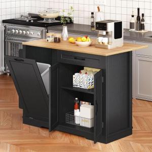imageYITAHOME 50 Inch Rolling Kitchen Island with Trash Can Storage Cabinet ampamp Drop Leaf Portable Mobile Islands Table Long Floating Movable w Wheels Drawer Cabinet for 13 Gallon Garbage Bin BlackRetro Black