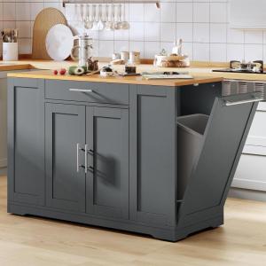 imageYITAHOME 53 Inch Large Rolling Kitchen Island with Trash Can Storage Cabinet Portable Mobile Islands Table Long Floating Movable w Wheels Cabinet for 13 Gallon Garbage Bin 2 Drawer BlackGrey