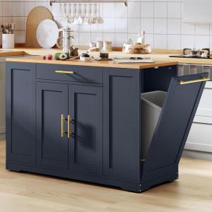 imageYITAHOME 53 inch Large Rolling Kitchen Island with Trash Can Storage Cabinet Portable Mobile Islands Table Long Floating Movable w Wheels Cabinet for 13 Gallon Garbage Bin 2 Drawer Navy BlueNavy Blue