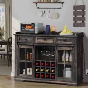 imageYITAHOME 53quot Wine Bar Cabinet for Liquor and Glasses Farmhouse Kitchen Sideboard Buffet Coffee Bar Cabinets with 3 Drawers and Glass Sliding Barn Door for Kitchen ampamp Living Room Dark Rustic OakDark Rustic Oak