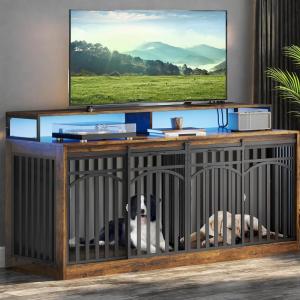 imageYITAHOME 55 Inch Large Dog Crate Furniture Heavy Duty Wooden Dog Crate TV Stand with 2 Dog Bowls Metal Dog Kennel Indoor Furniture Sliding Barn Door Design for Extra Large Dogs Rustic BrownRustic BrownLed Light